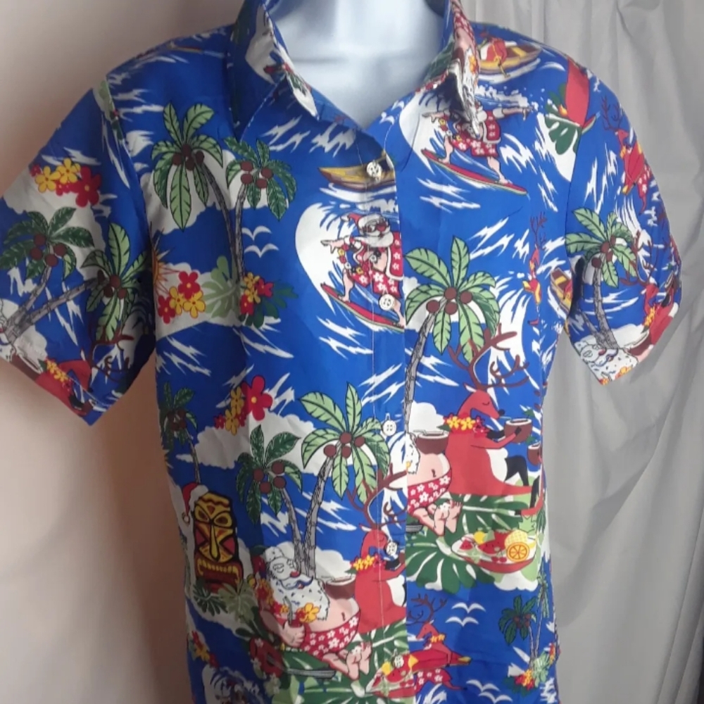 SSLR Hawaiian shirt Surfin drunk Santa reindeer boozing Shirt Sz M Women's  z1.